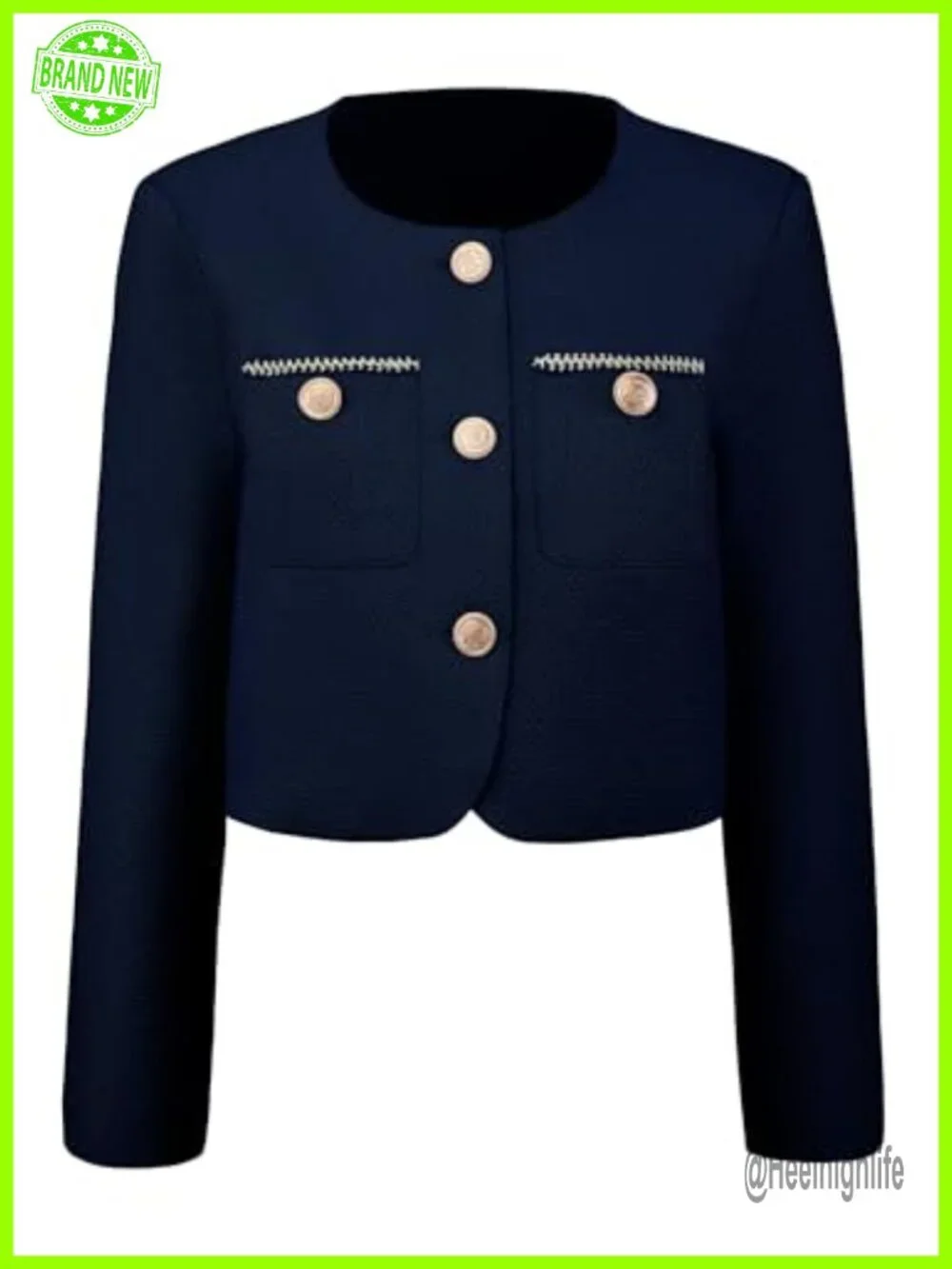 Tweed Cropped Blazer Crewneck Button Down Long Sleeve Work Office Jacket